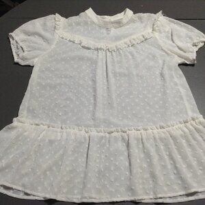 Boho White Swiss Dot Babydoll Top Small Relaxed Fit Ruffle Mock Neck Puff Sleeve